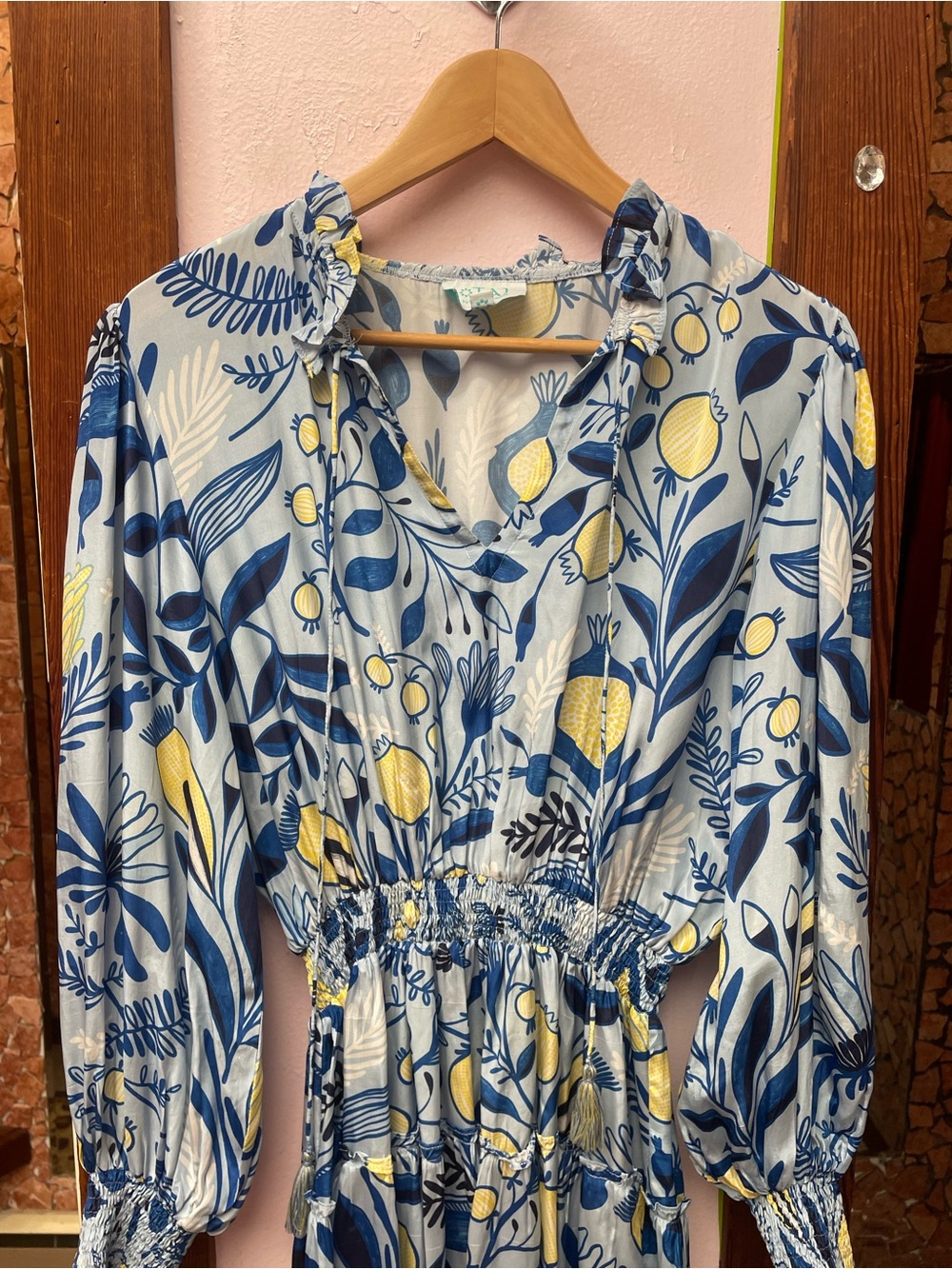 TAJ by Sabrina Crippa Blue and Yellow Floral Long Sleeve Smocked Dress - Picture 3 of 10